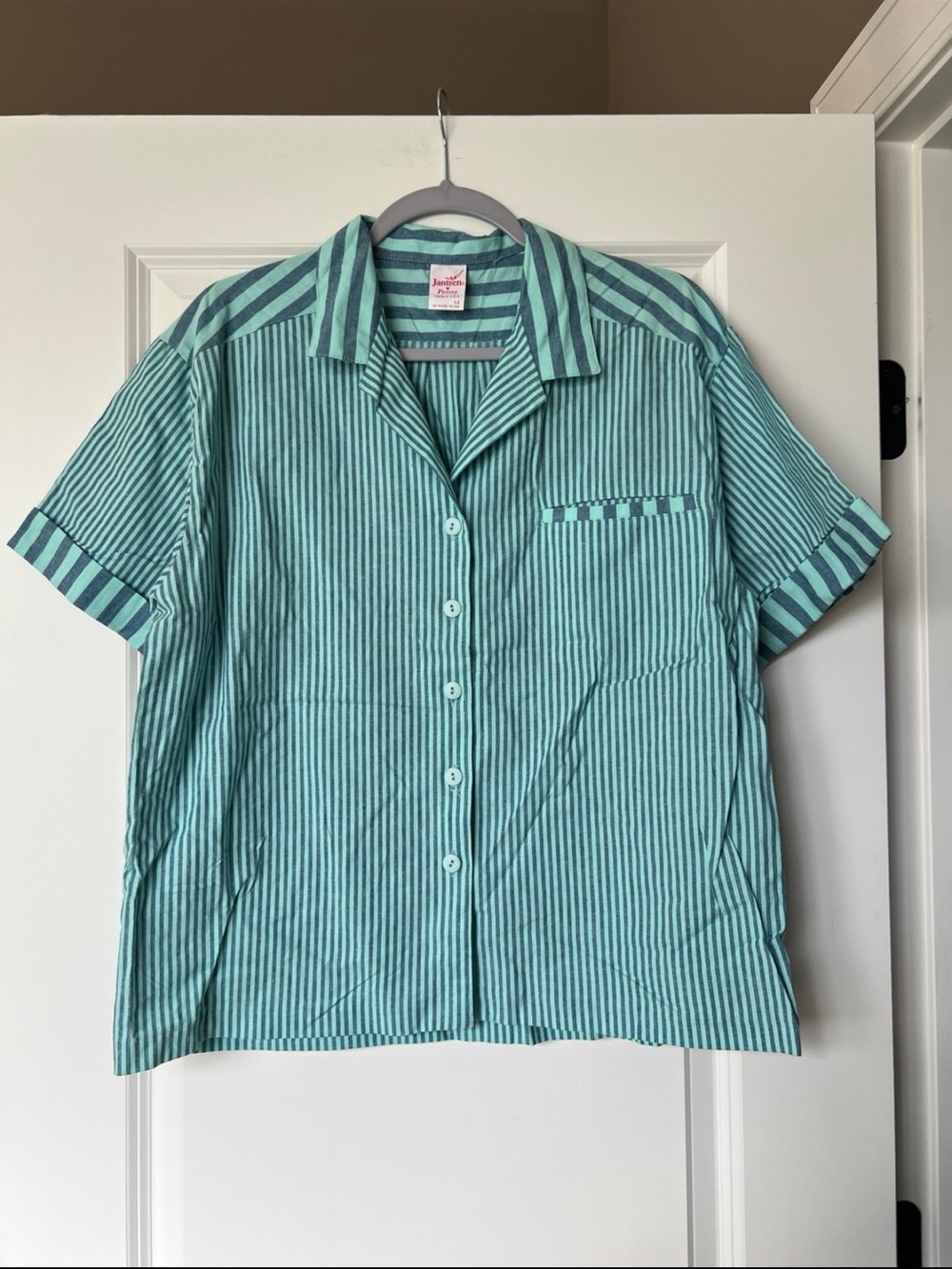 Vintage NWT Jantzen Teal Striped Short-Sleeve Button-Up Shirt